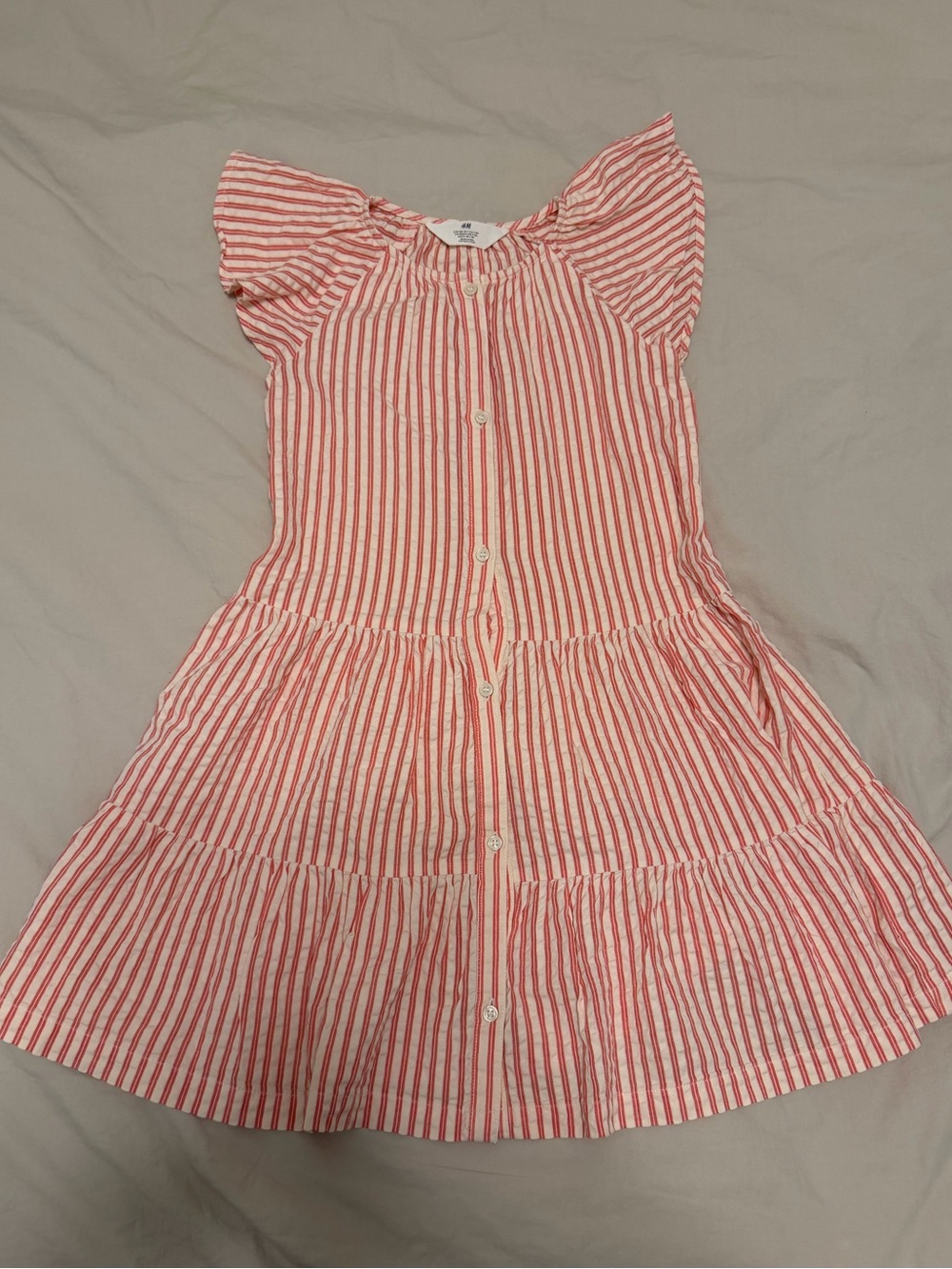 H&M Coral and White Striped Button-Front Tiered Dress